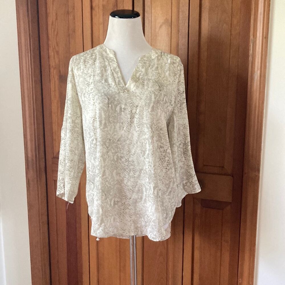 Chaus Grey & Cream Sheer Chiffon Pullover Blouse, Size S